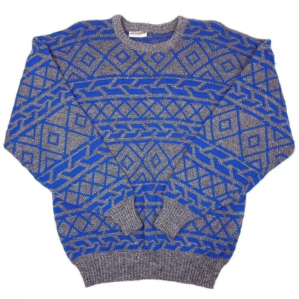 Vintage Pomodoro Crew Neck Sweater Mens Large Blue Gray Italian Made 44" Chest